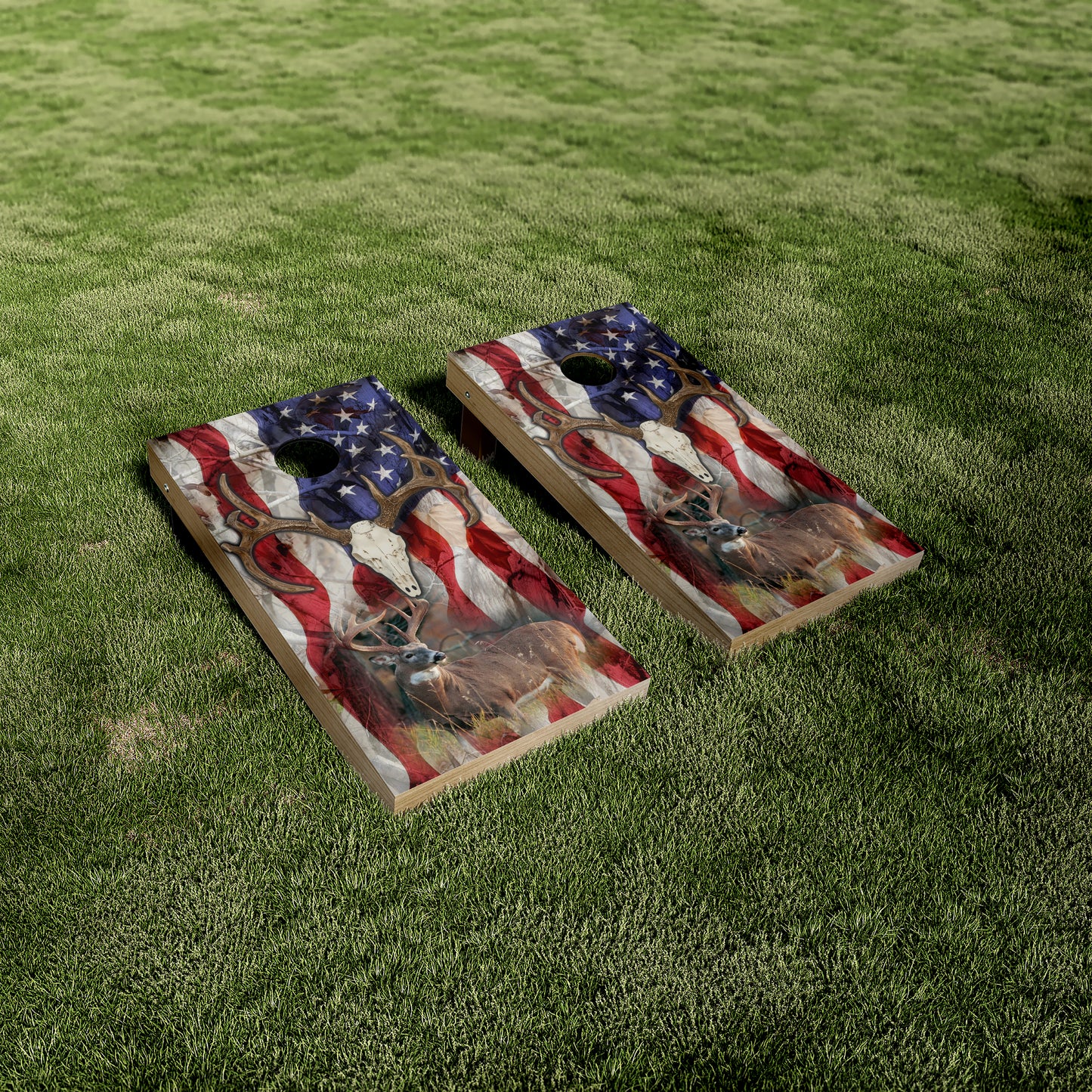 Deer Mount and American Flag Cornhole Vinyl Wraps/Skins