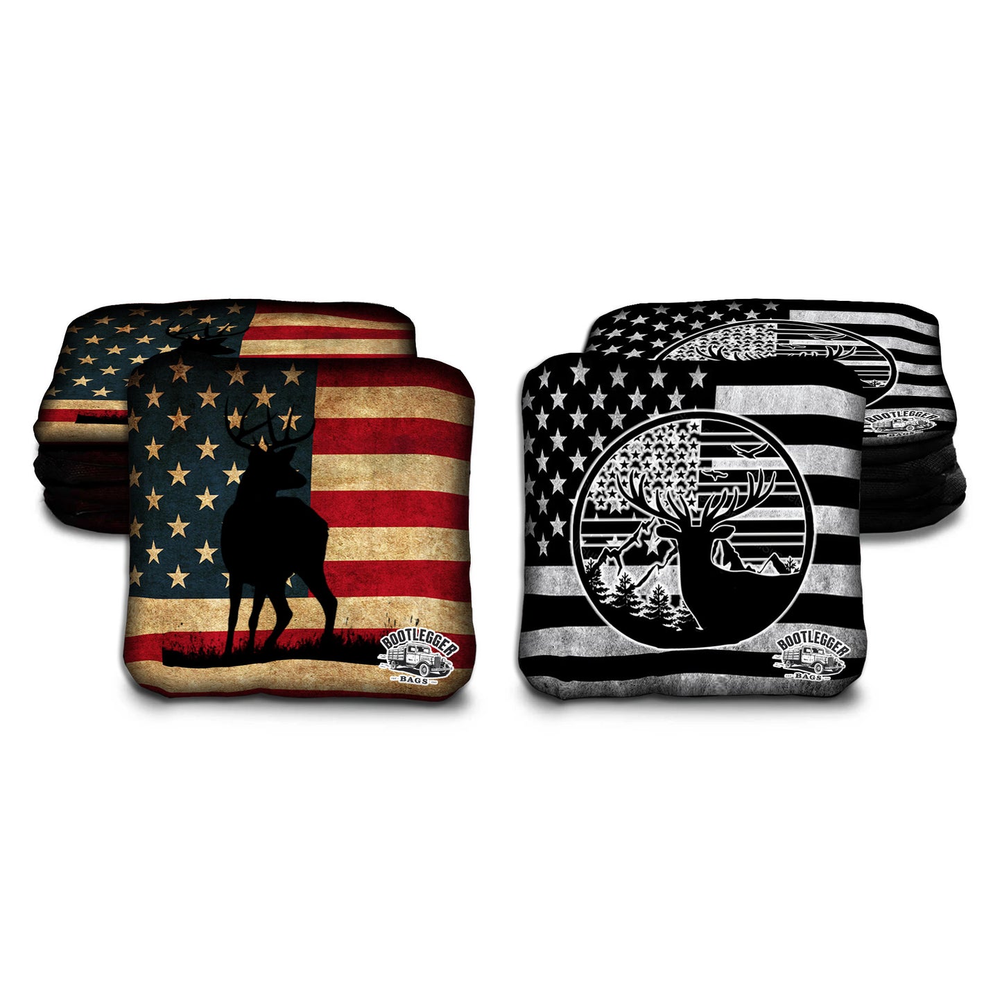 Buck on American Flag Hunting Cornhole Bags