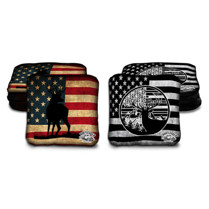 Buck on American Flag Hunting Cornhole Bags