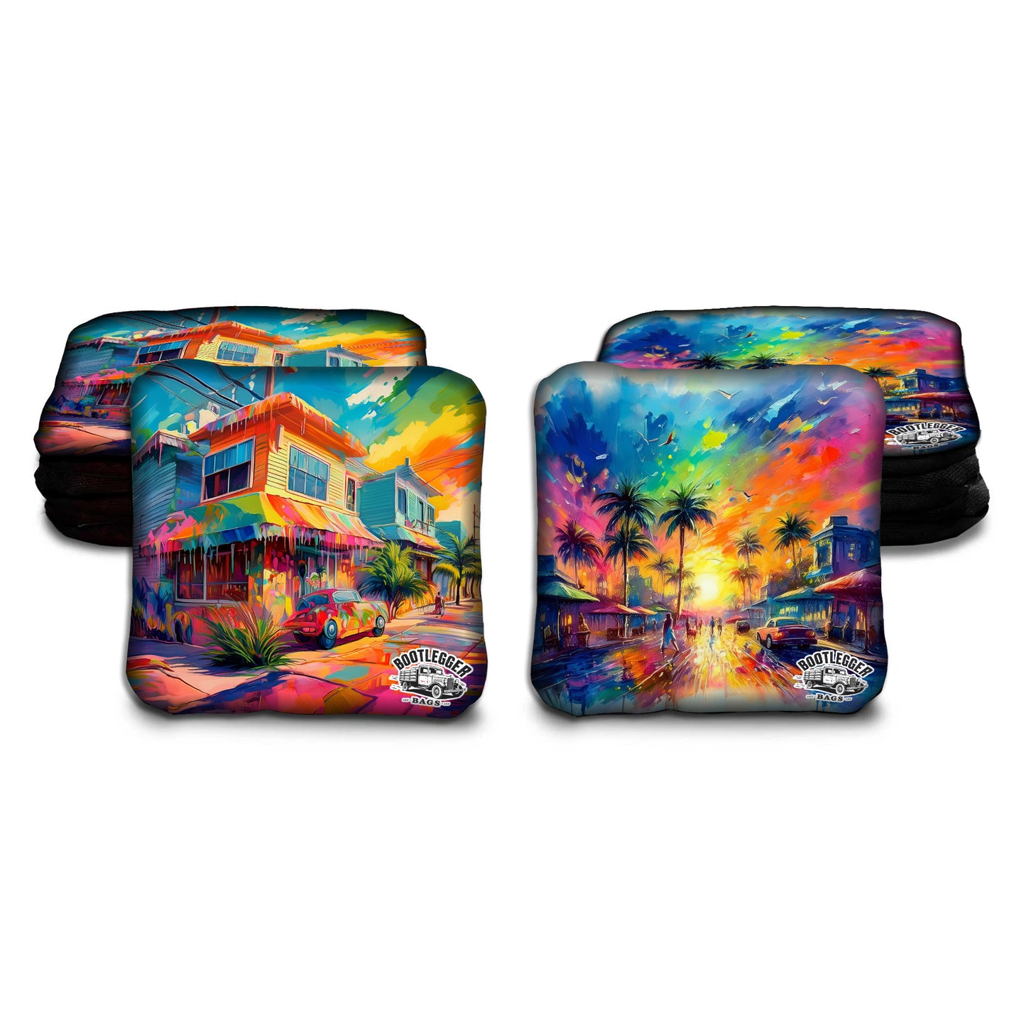 Watercolor Beach Town Cornhole Bags