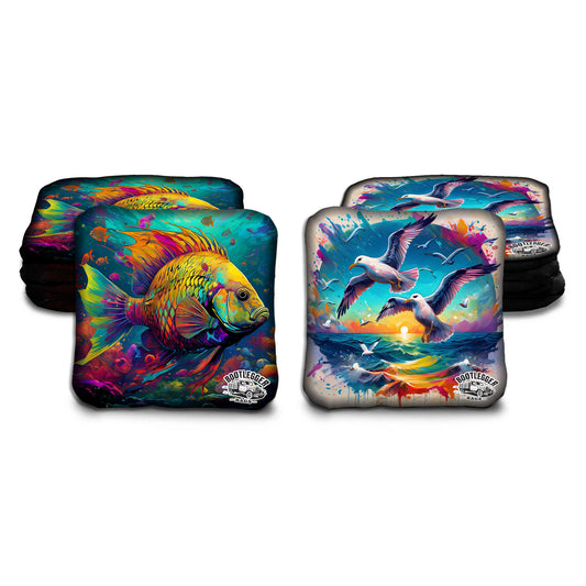 Tropical Fish and Seagulls Watercolor Cornhole Bags
