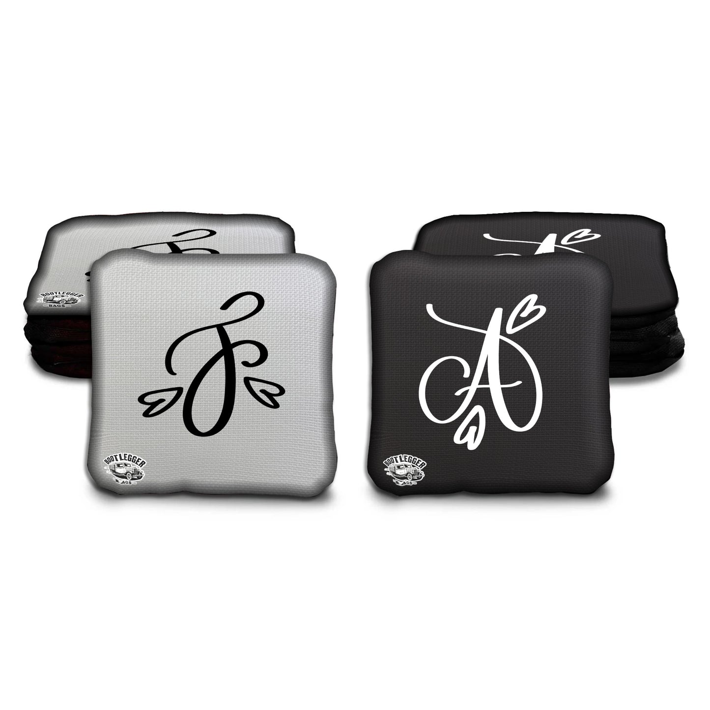 Wedding Monogram with Hearts Cornhole Bags