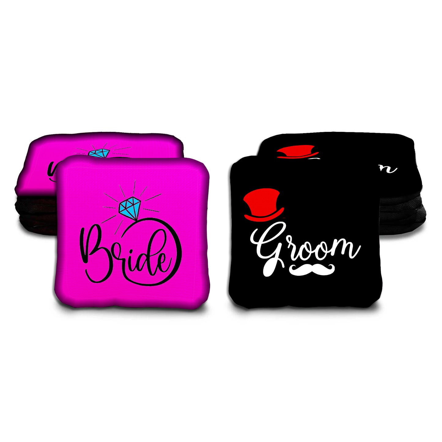 Bride and Groom His and Hers Pink and Black Wedding Cornhole Bags