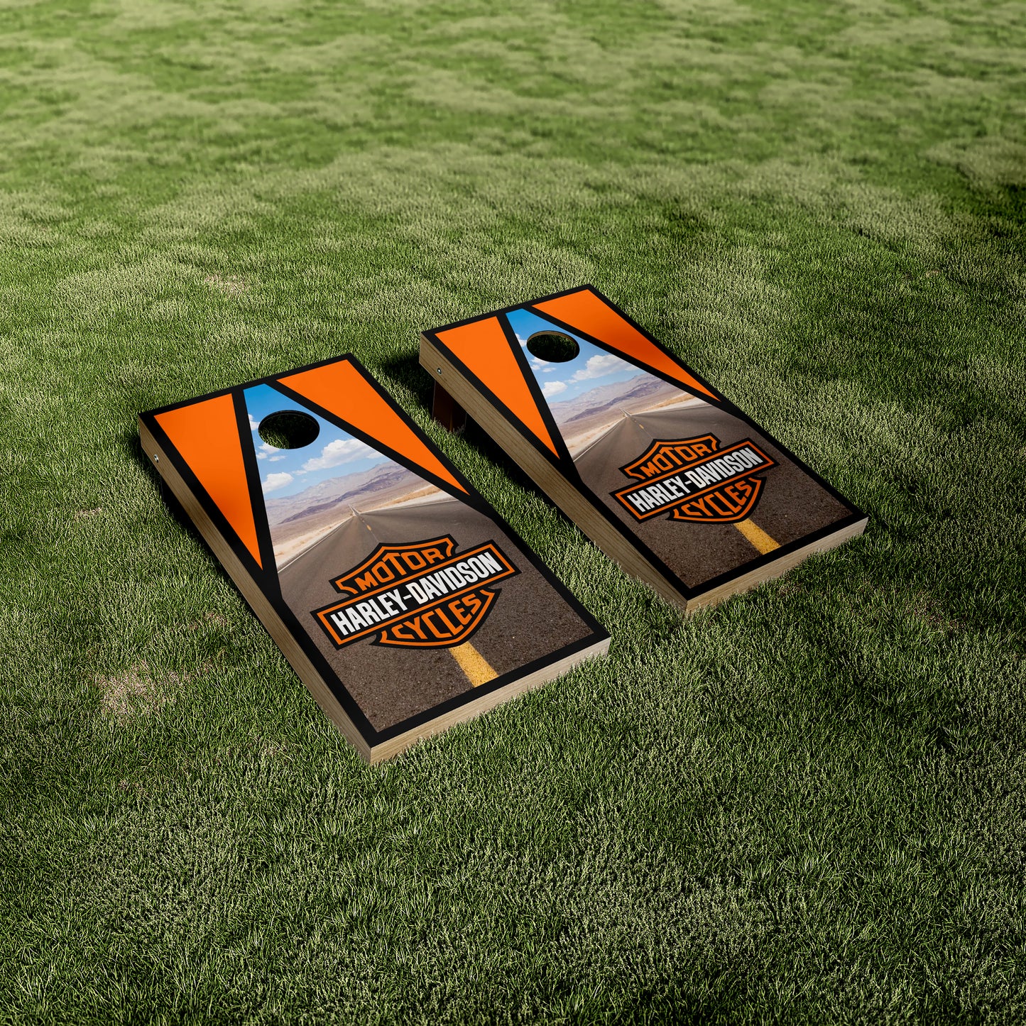 Harley Davidson Road View Cornhole Vinyl Wraps — Peel & Stick Motorcycle Style