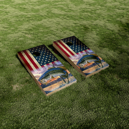 Bass on American Flag Cornhole Vinyl Wraps/Skins
