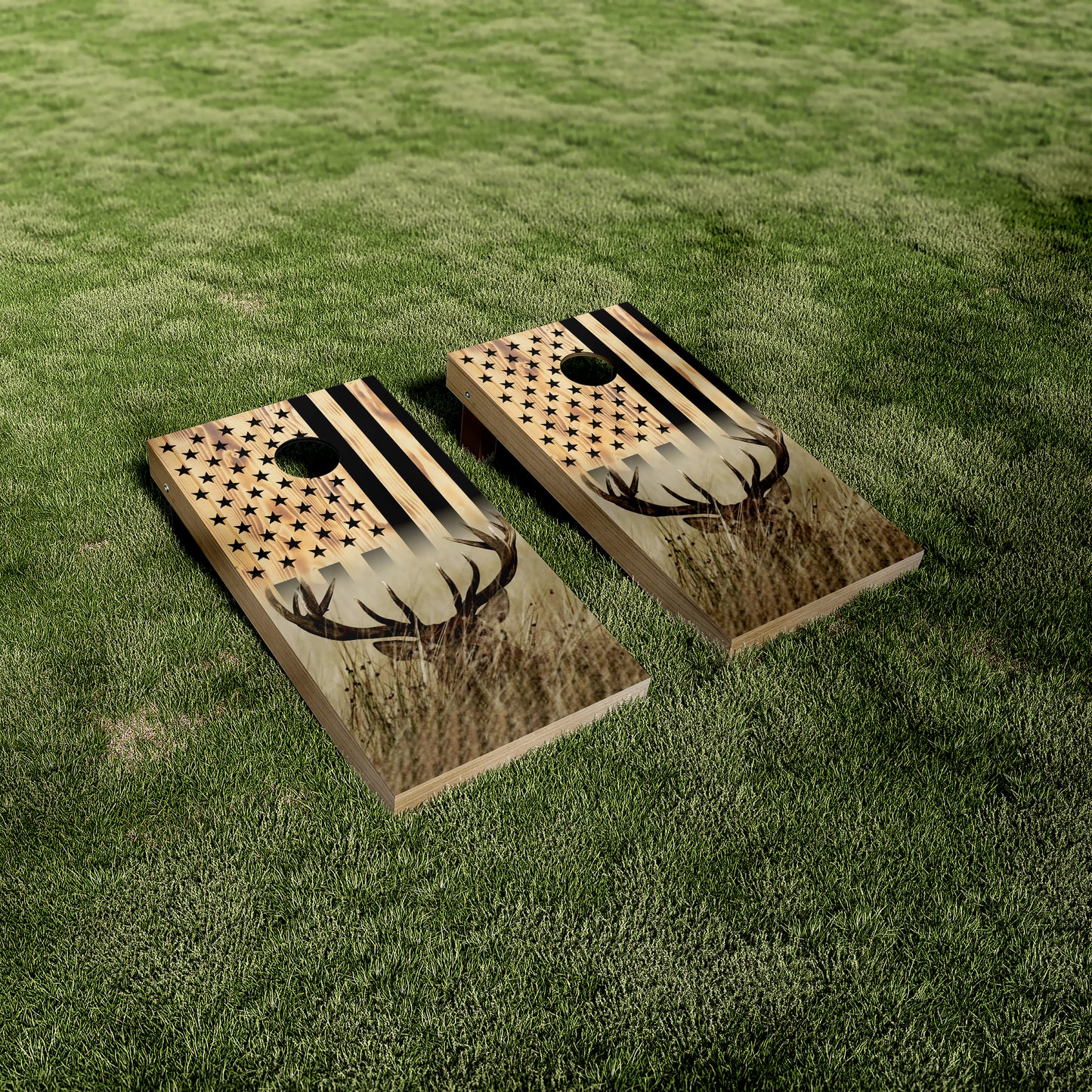 Buck In Grass Wood American Flag Cornhole Vinyl Wraps/Skins