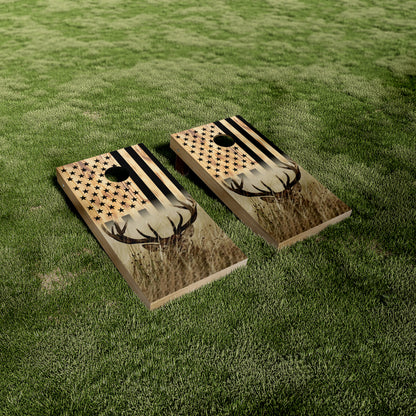Buck In Grass Wood American Flag Cornhole Vinyl Wraps/Skins