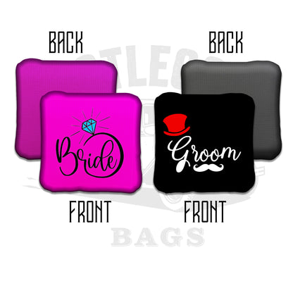 Bride and Groom His and Hers Pink and Black Wedding Cornhole Bags