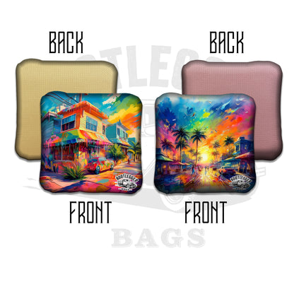 Watercolor Beach Town Cornhole Bags
