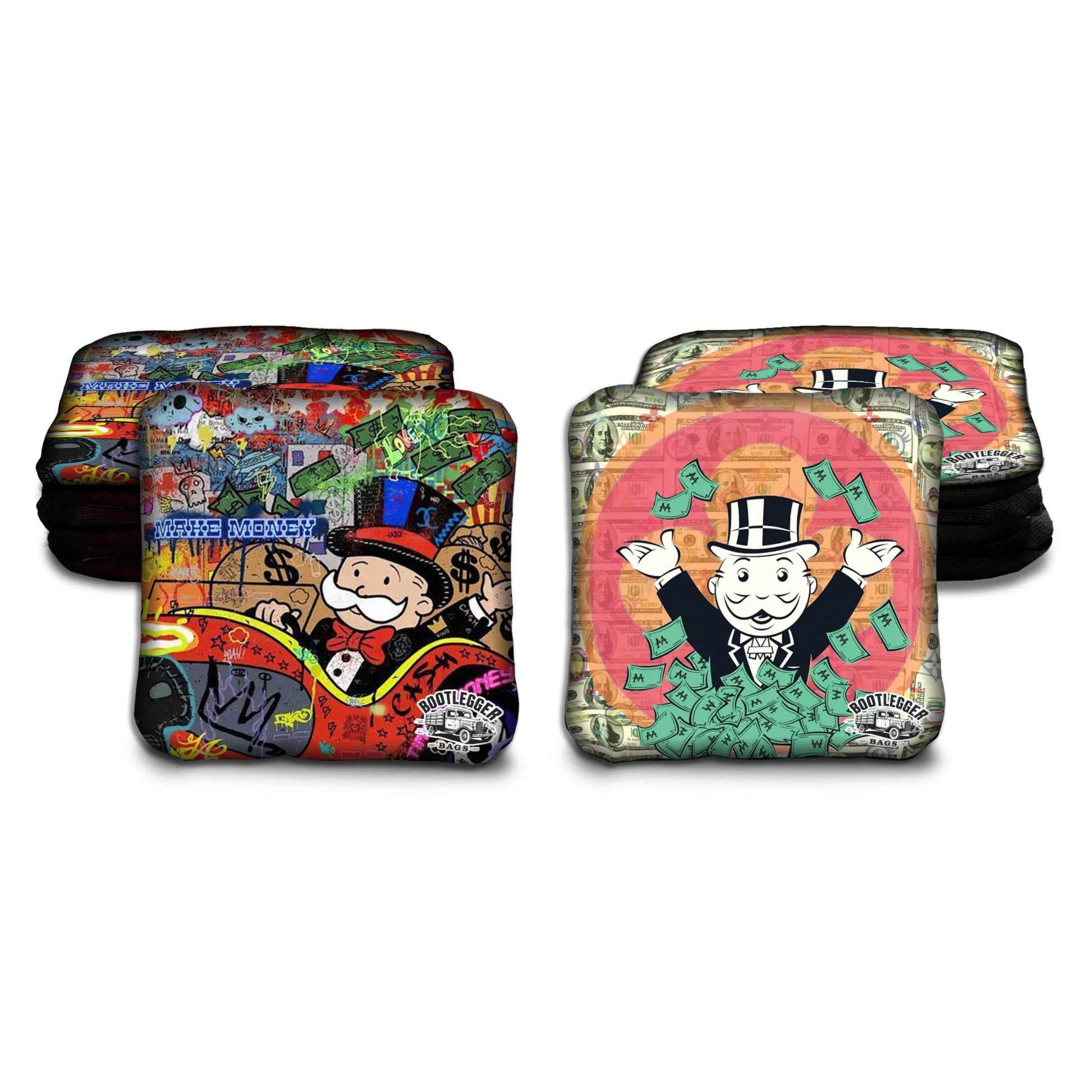 Two colorful Monopoly-themed Cornhole bags on a white background