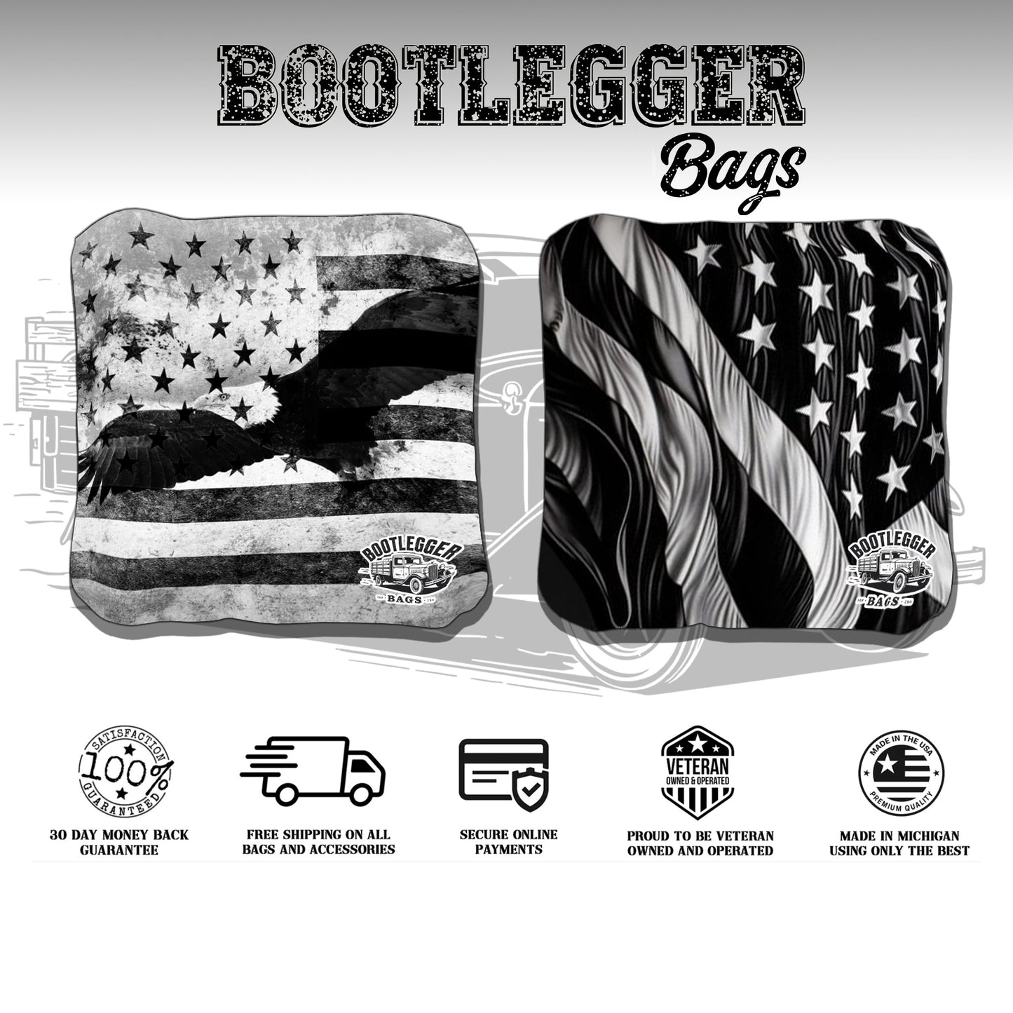 Black and White American Flag and Eagle Cornhole Bags