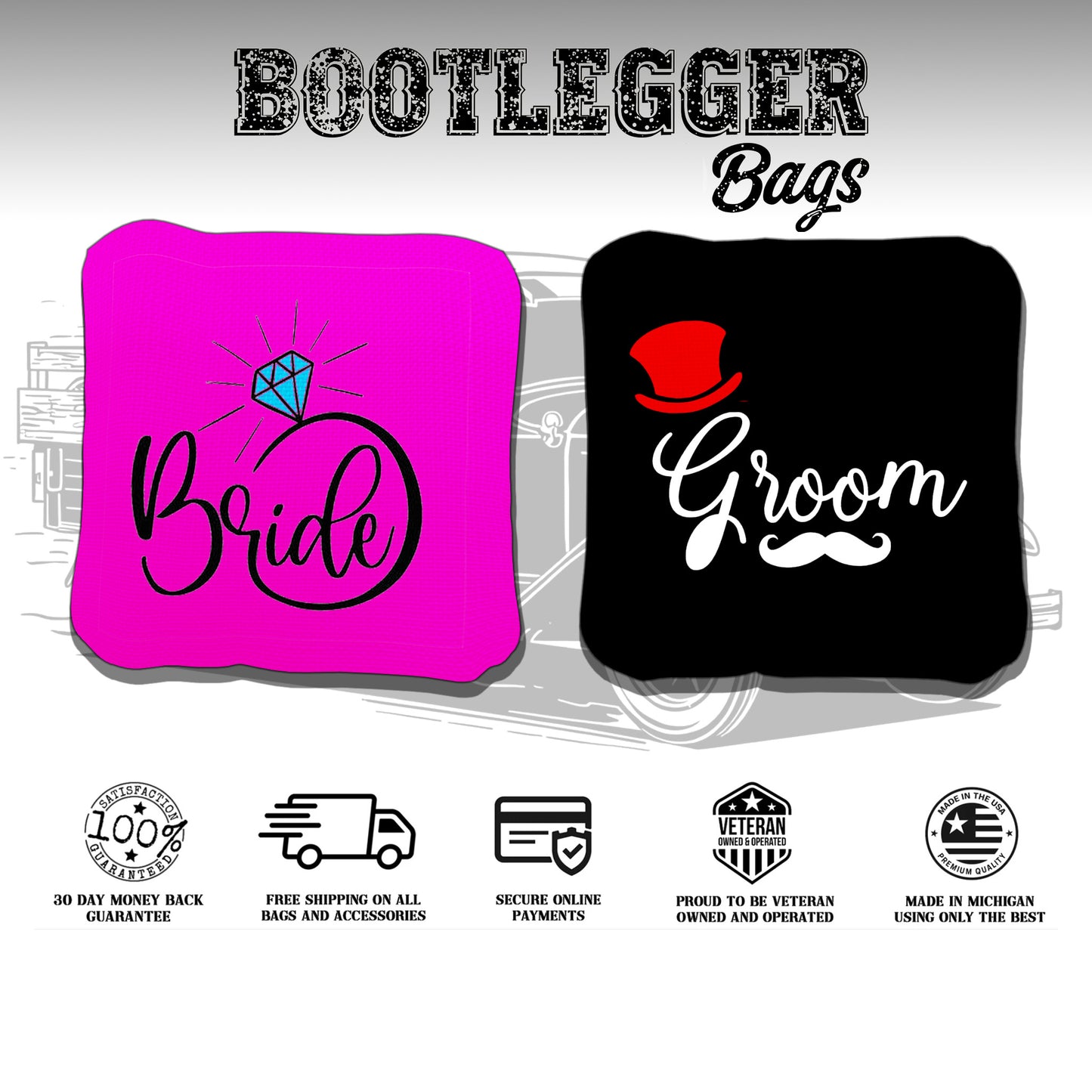 Bride and Groom His and Hers Pink and Black Wedding Cornhole Bags