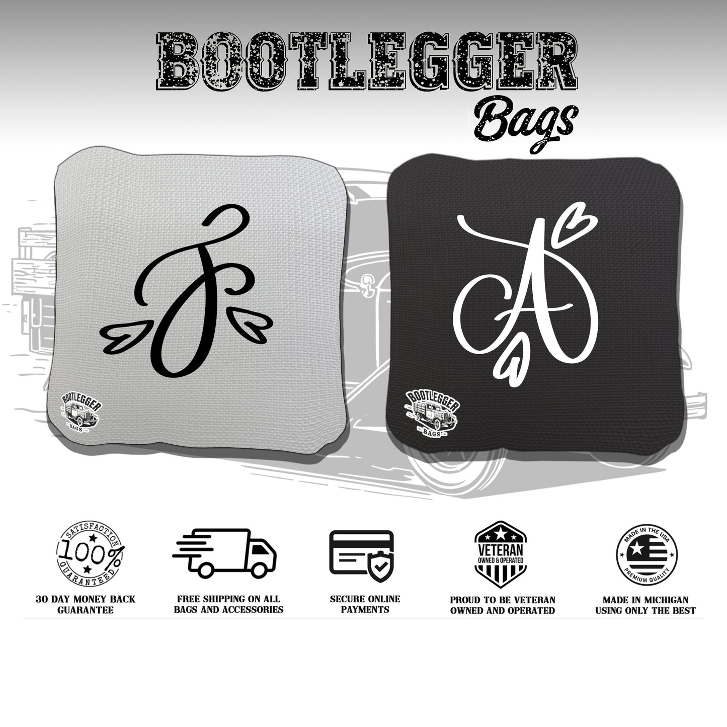 Wedding Monogram with Hearts Cornhole Bags