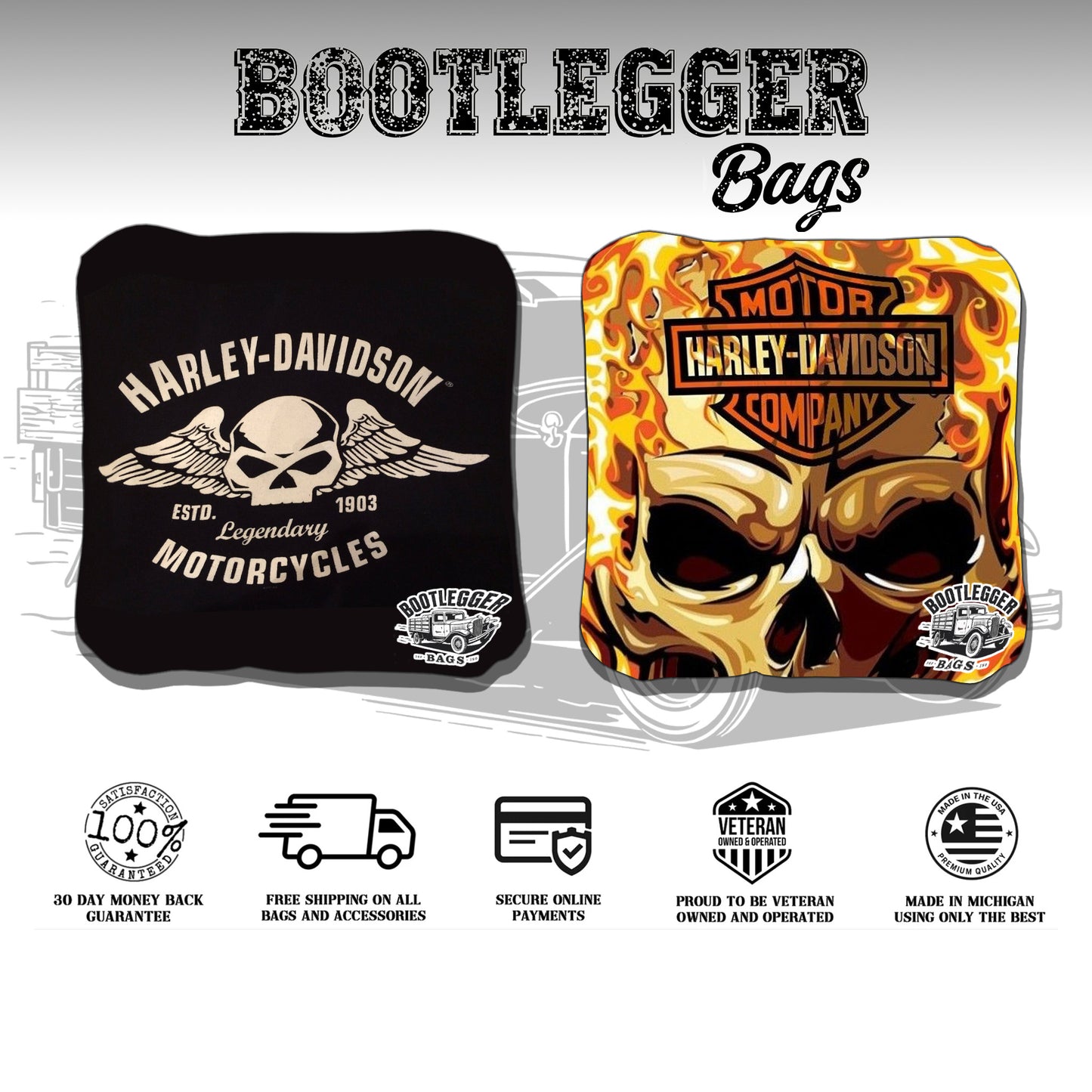 Harley Davidson Fire and Skull Cornhole Bags