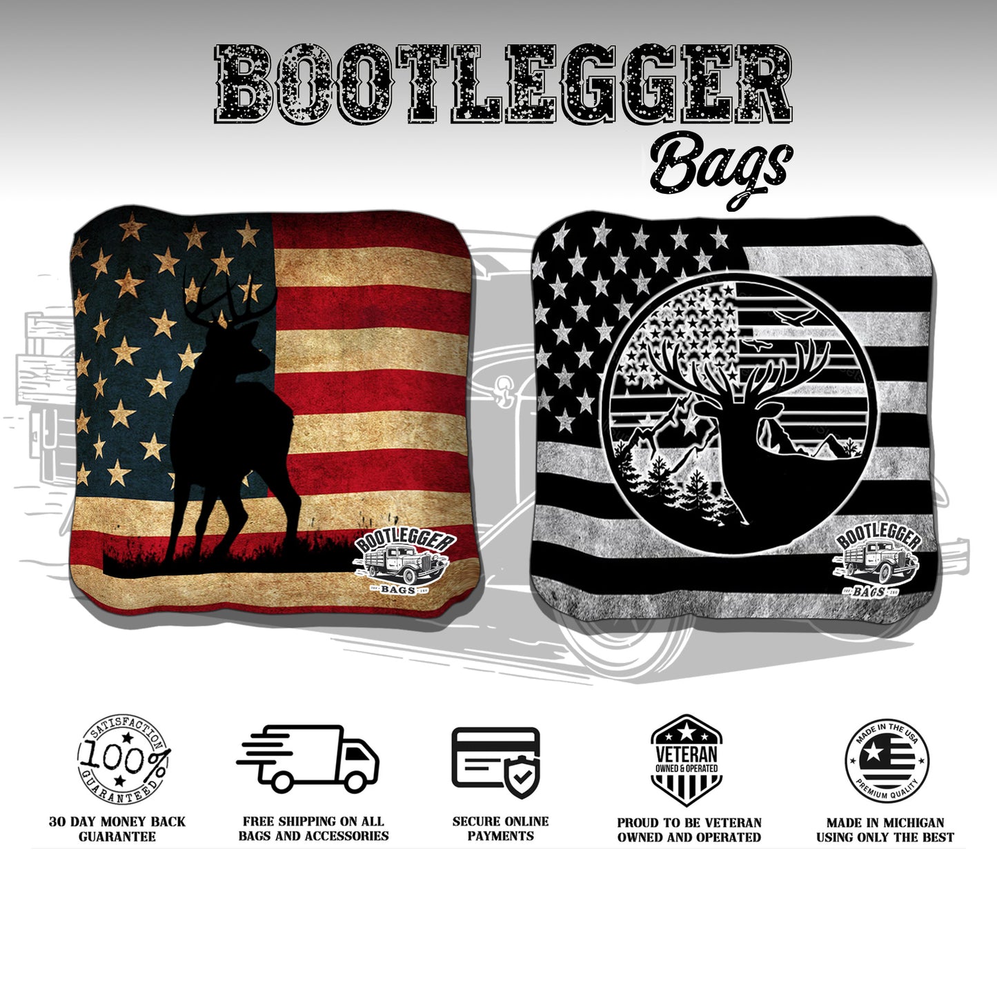 Buck on American Flag Hunting Cornhole Bags