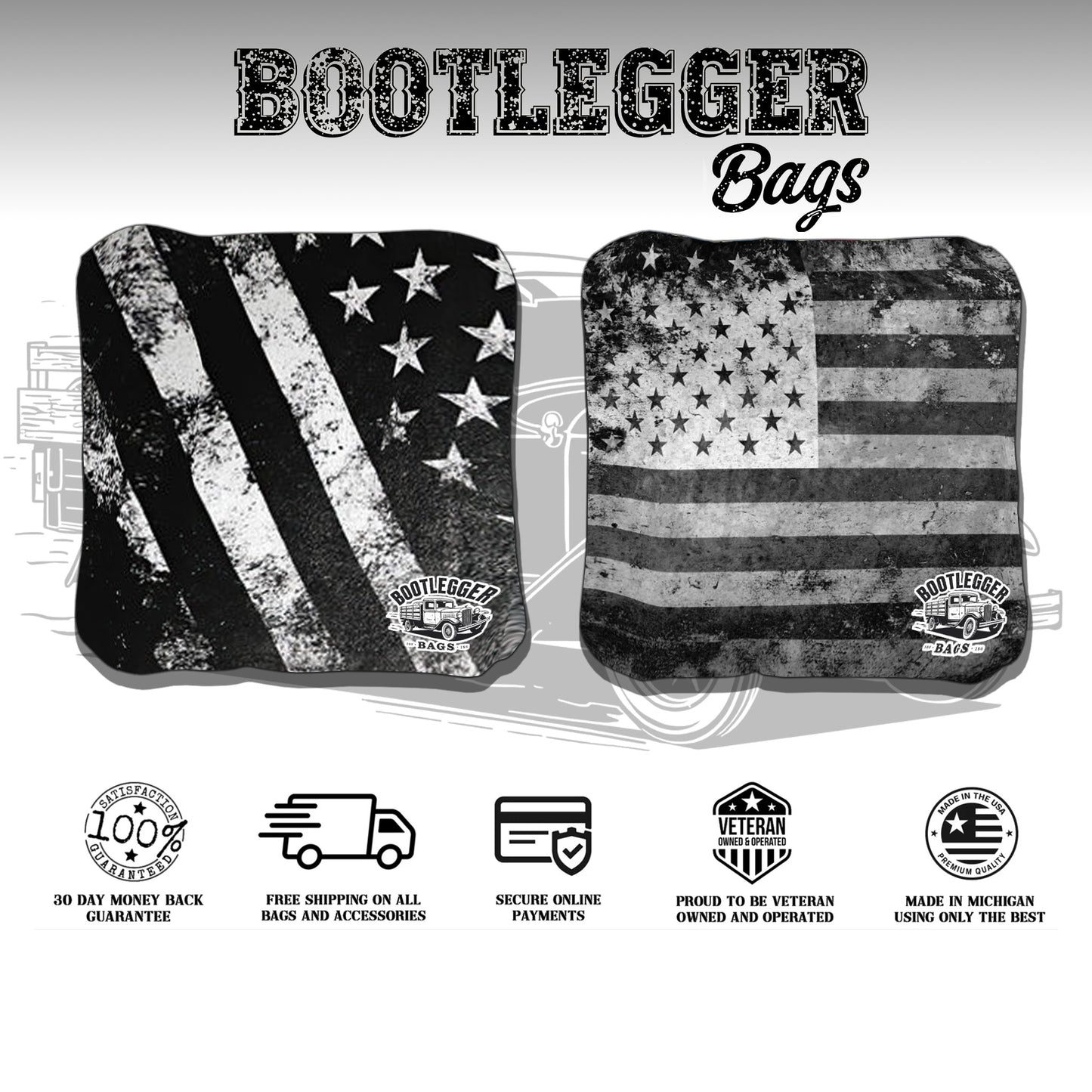 Black and White Distressed American Flag Cornhole Bags