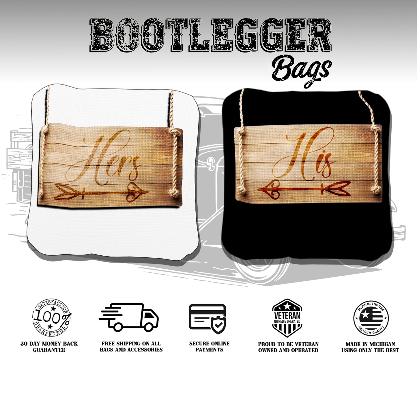 His and Hers Wood Weddding Signs Cornhole Bags