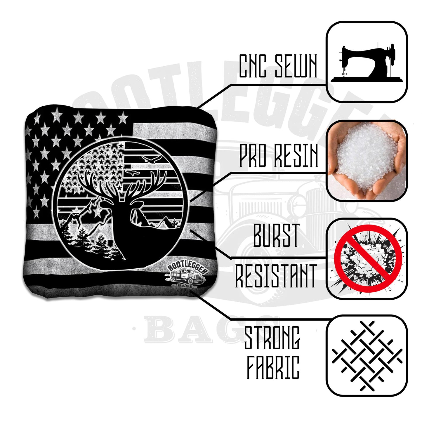 Buck on American Flag Hunting Cornhole Bags