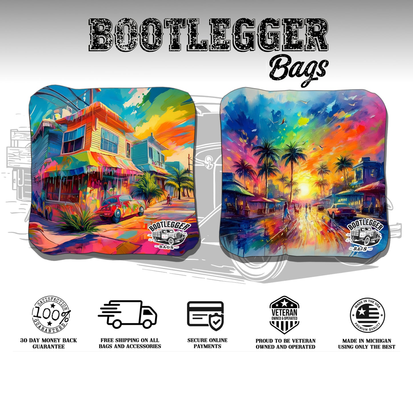 Watercolor Beach Town Cornhole Bags