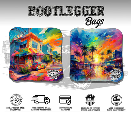 Watercolor Beach Town Cornhole Bags