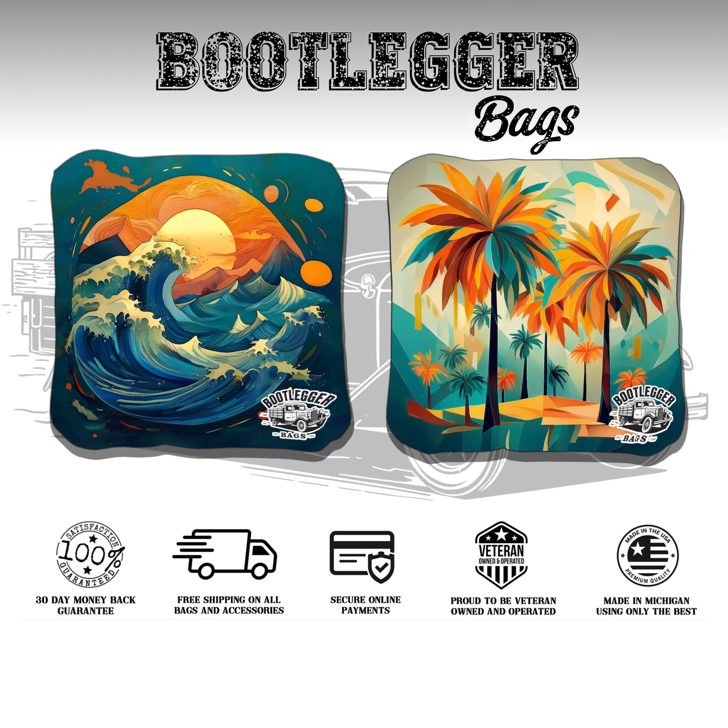 Palm Trees and Waves Tropical Cornhole Bags