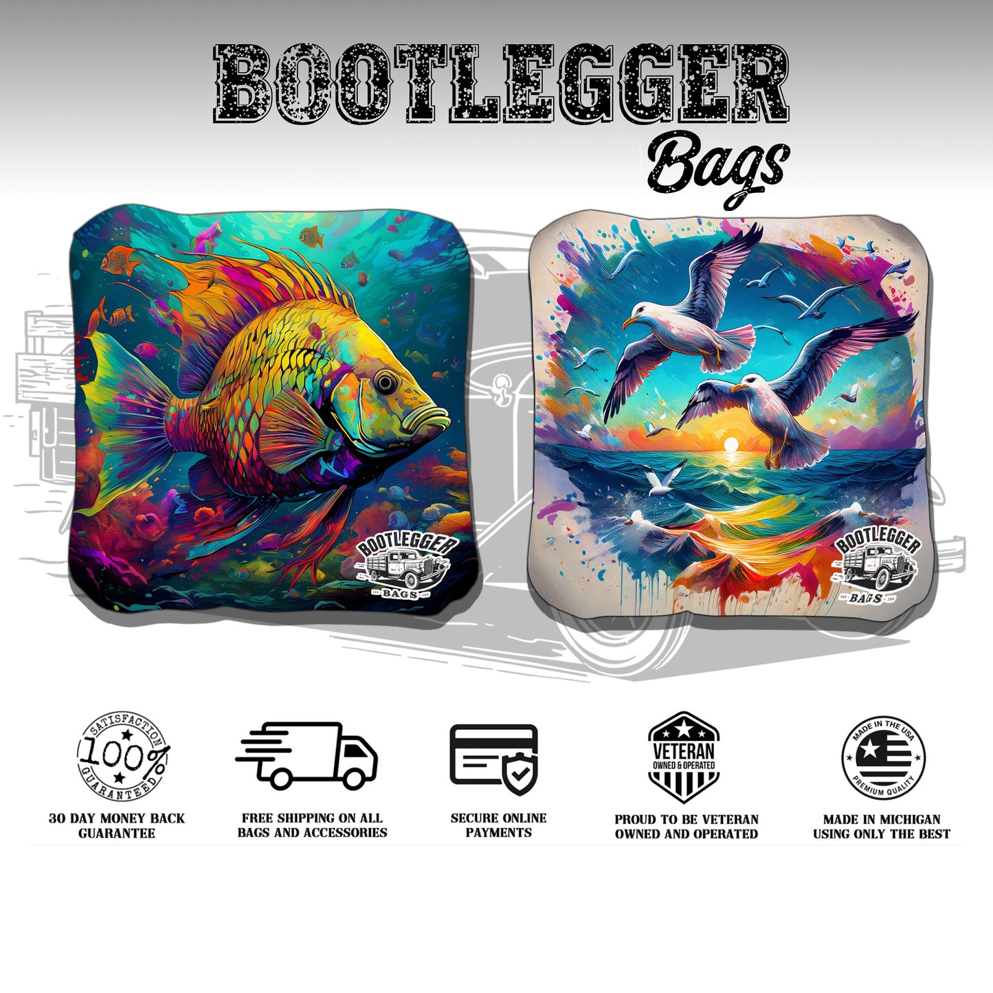 Tropical Fish and Seagulls Watercolor Cornhole Bags