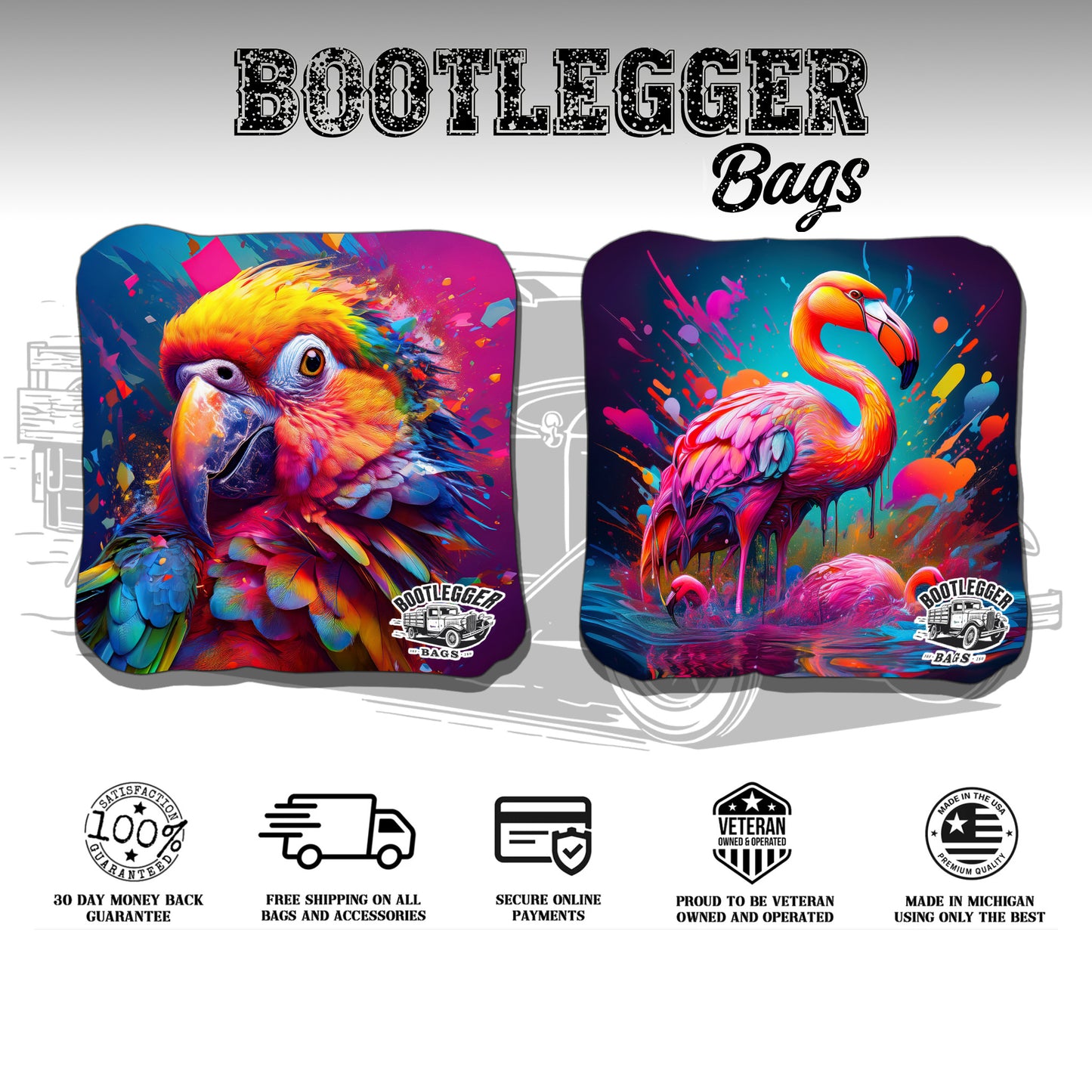 Parrot and Flamingo Watercolor Cornhole Bags