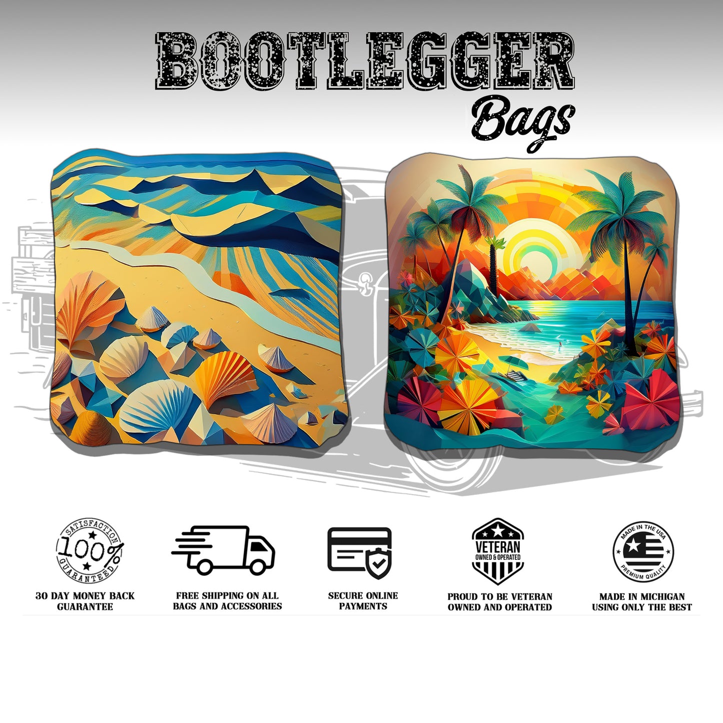 Ocean Sunset and Seashell Cornhole Bags