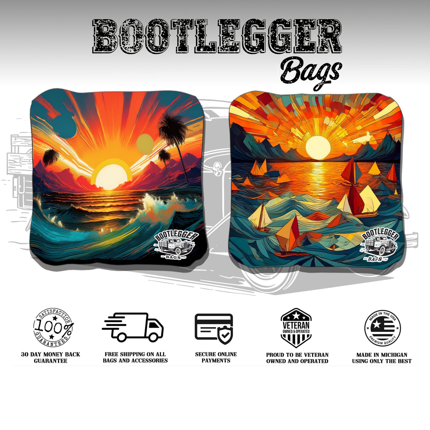 Tropical Ocean Sunsets Cornhole Bags
