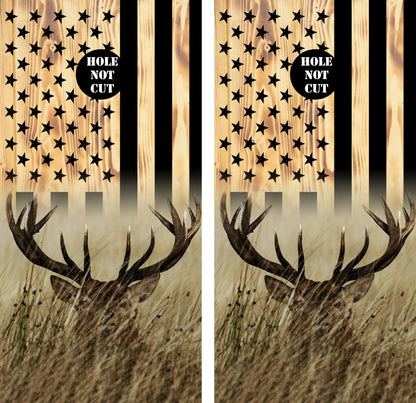 Buck In Grass Wood American Flag Cornhole Vinyl Wraps/Skins