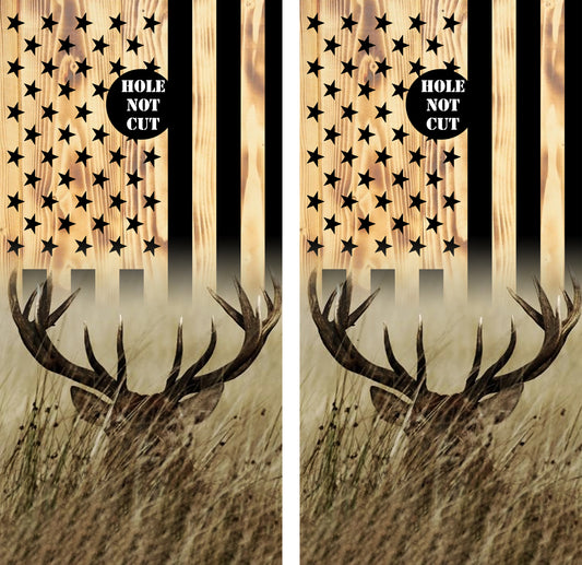 Buck In Grass Wood American Flag Cornhole Vinyl Wraps/Skins